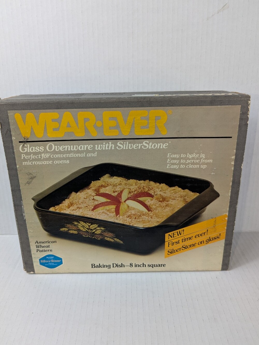 VTG Wear-Ever SilverStone Glass 8" Square Baking Dish American Wheat NIB NOS